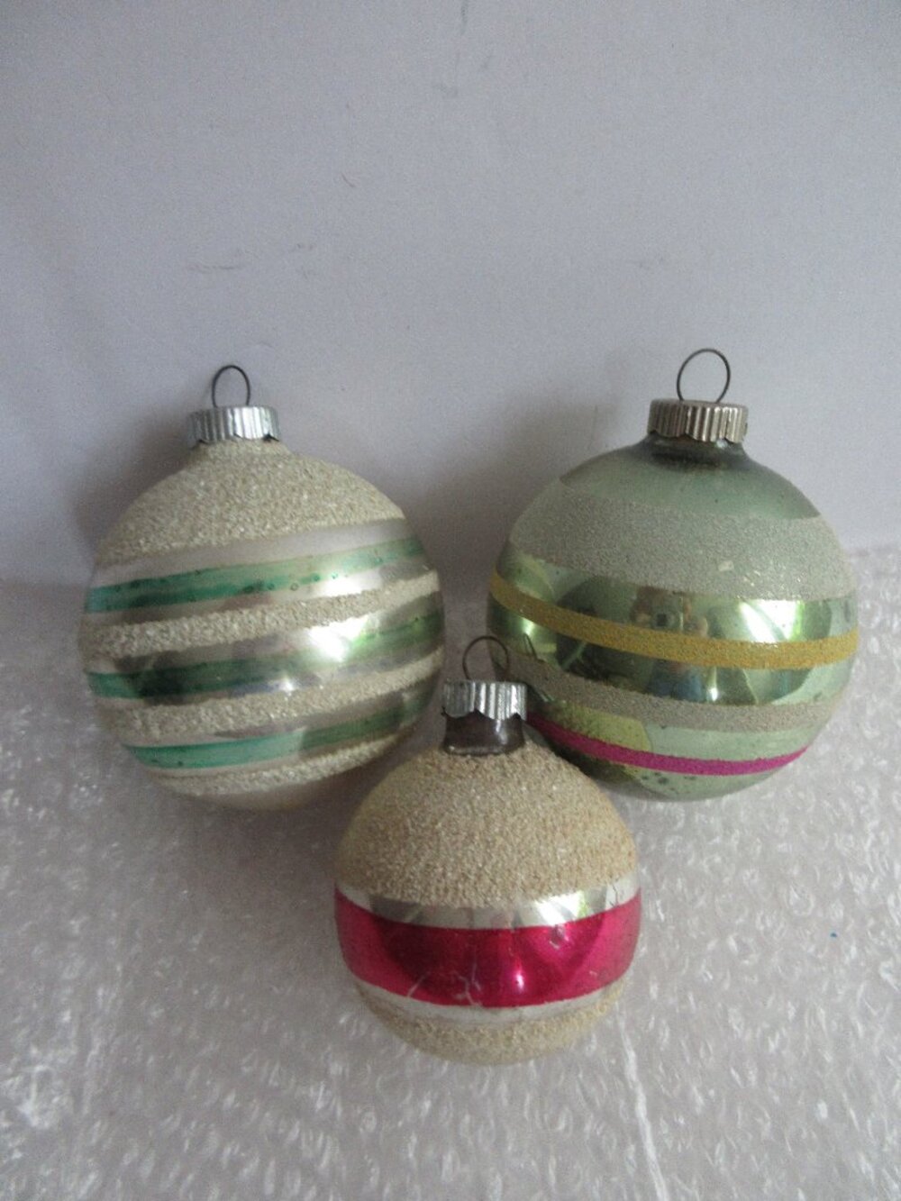 3 Shiny Brite Striped Mica Glass Christmas Ornaments Green, Pink, White Vtg
